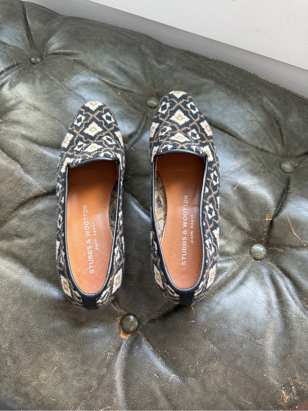 Stubbs & Wootton Black and Cream Geometric Loafers